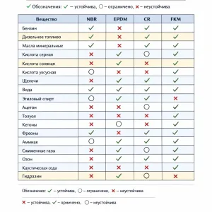 Резеңкелердің химиялық төзімділігі — материалдардың үйлесімділік кестесі