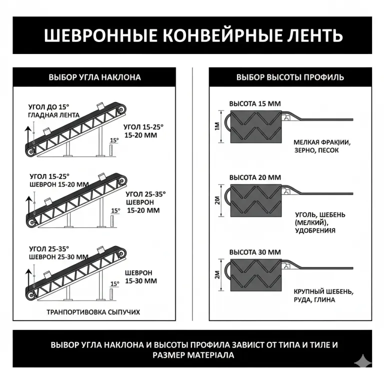 Шевронды конвейерлік белдіктер: көлбеу бұрышы мен профиль биіктігін таңдау