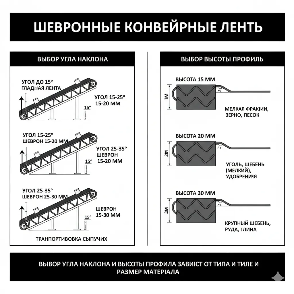 Шевронды конвейерлік белдіктер: көлбеу бұрышы мен профиль биіктігін таңдау